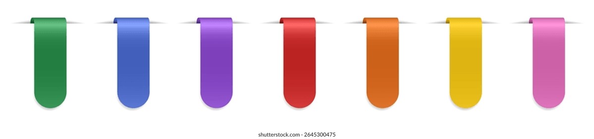 Set of bent bookmarks with shadows. Rounded paper strips for marking pages. Multicolored labels