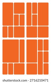 Set of bento grid abstract orange geometric layout with rounded rectangles divided by white lines ui ux grid