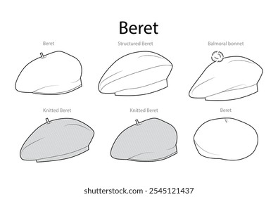 Set of Beret Hats with names - Structured Balmoral bonnet Knitted. Winter Head Fashion accessory cap clothing technical illustration. Vector headgear, flat template CAD mockup sketch outline isolated