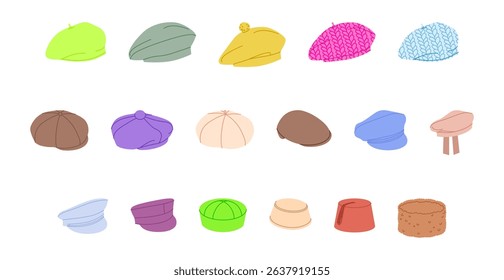 Set of Beret Hats, Pillbox shape Caps, - Structured Balmoral bonnet Knitted. Head Fashion accessory cap clothing technical illustration. Vector headgear for Men, women unisex style, flat template CAD