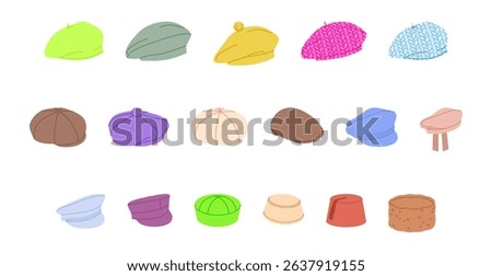 Set of Beret Hats, Pillbox shape Caps, - Structured Balmoral bonnet Knitted. Head Fashion accessory cap clothing technical illustration. Vector headgear for Men, women unisex style, flat template CAD