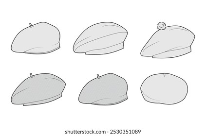 Set of Beret Hats - Structured Balmoral bonnet Knitted. Head Fashion accessory cap clothing technical illustration. Vector headgear for Men, women unisex style, flat template CAD mockup sketch outline