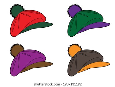 Set of berets with a pompom and a visor. Isolated outline multicolored drawing.