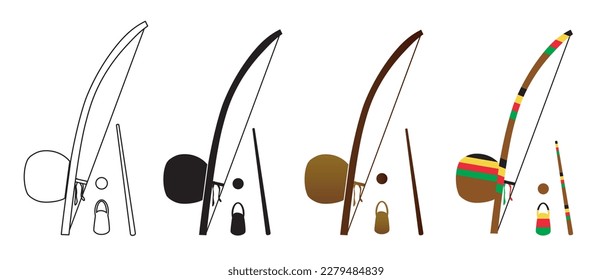 Set of berimbau and caxixi. Musical instruments used in the sport called capoeira. Vector illustration isolated on white background.