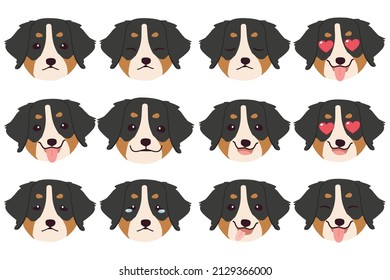 Set of Bernese mountain dog emotions. Funny Smiling and angry, sad and delight dog. Face of dog cartoon emoji. Illustration about kawaii animal and pet in flat vector style.