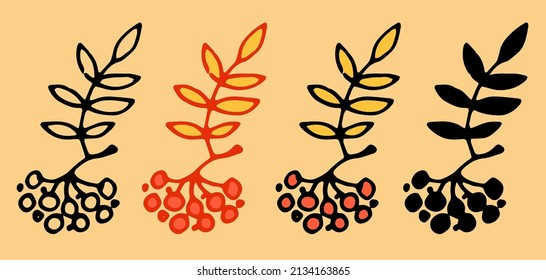 ein Satz Beeren in einem Haufen Asche im flachen Stil. handgezeichnete rote ROWAN-Beeren mit gelbem Blatt im Doodstil, schwarzer Umriss und Silhouette für Etikettendesign, Verpackung