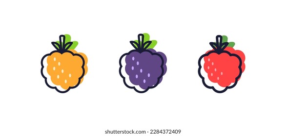 Set  berries. Cloudberry, raspberry, blackberry. Cartoon Line style. Isolated on white background.  For web design, poster; app; package.