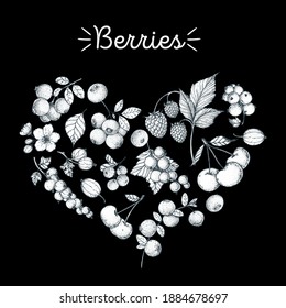 Conjunto de bayas en forma de corazón. Ilustración vectorial dibujada a mano por Berries. Esbozo de Berry. Ilustración vectorial. Blanco y negro.