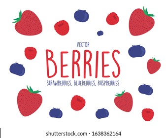 Set of Berries Fruit - Flat Trendy Fun Vector Illustrations - Strawberry, Blueberry, Raspberry