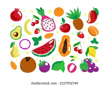 Set of berries and fruits, summer vector illustration in cartoon style. Pitaia, pomegranate, strawberry, grape, pineapple, mangosteen. Lemon, peach, apple, orange watermelon avocado.