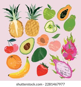 A set of berries and fruits. Vector illustration. papaya, strawberry, apple, pineapple, apricot, cherry, etc.