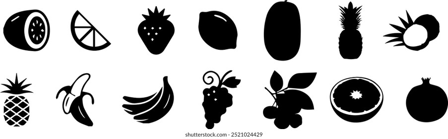 A set of berries and fruits.Colorful cartoon icons of ripe and juicy fruits isolated on a white background,avocado,lime,nutrition,pear ,apple,plum,apricot,grape,melon