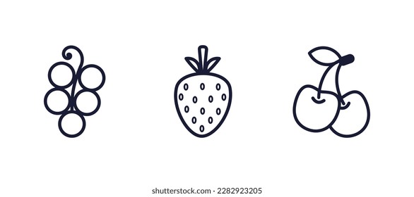 Pon bayas. uva, fresa, cereza. Estilo de la línea de dibujos animados. Aislado sobre fondo blanco.  Para diseño web, afiche; aplicación; para abrir el Navegador.