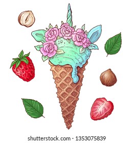 Set berries ice cream nuts. Vector illustration. Hand drawing.