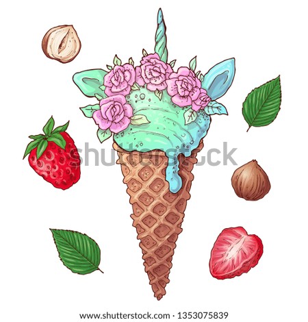 Set berries ice cream nuts. Vector illustration. Hand drawing.