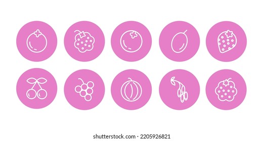 Set of berries icons ouline style vector isolated on white. Berry icon. Cherry icon, strawberry icon, cranberry, gooseberry icon, grape, blackberry, raspberry