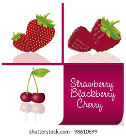 set berries isolated on white background, contains cherry, strawberry and blackberry