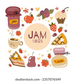Set of berries jams in glass jars in flat style. Perfect for scrapbooking, greeting card, party invitation, poster, tag, sticker kit.