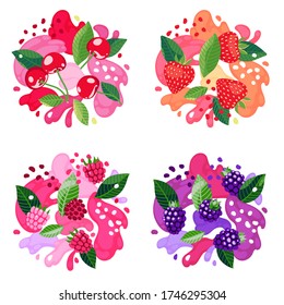 Set of berries on abstract background. Strawberry, raspberry, cherry and blackberry. Vector illustration.