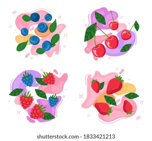 Set of berries on abstract vivid backgrounds. Blueberries, raspberries, blackberries, cherries and strawberries. Colorful cartoon vector illustrations isolated on white.