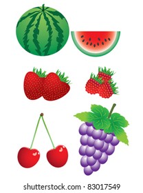 Set of berries on the white background. Strawberry, raspberry, cherry, watermelon, grape.