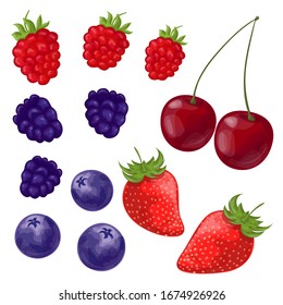 Set of berries painted in a watercolor style. Strawberries, cherries, raspberries, blackberries, blueberries. Isolated vector illustration on a white background.