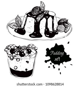 Set of berries pudding with redcurrant, mint leaves,  vanilla pudding with topping. Hand drawn sketch vector illustration, isolated on white background. Great for dessert menu, restaurant menu.