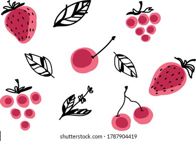 Set with berries, raspberry, strawberry, cherry, mint leaf. Vector illustation.