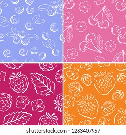 Set of berries seamless patterns. Cherry, raspberry, strawberry, blueberry. Vector monochrome illustration of berries and leaves.