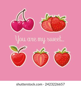 A set of berries in the shape of hearts. Cute stickers for Valentine's Day. 