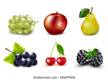 Set berries and sweet fruit. 3d vector icons set. Realistic illustration.
