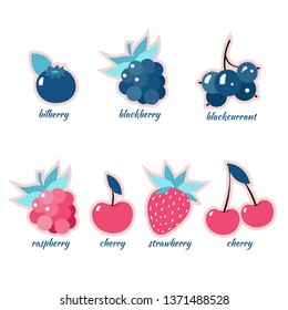 Set of berries vector illustration. Cherry, strawberry, raspberry, blueberry, bilberry, black currant design for greeting card, invitation, tshirt, sticker - Vector