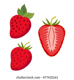 Set of berries. Whole strawberry, slices of berry. Flat style.