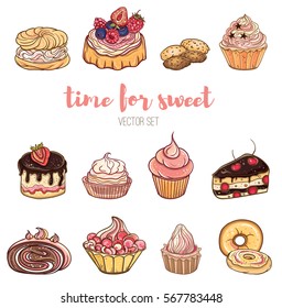 Set of berry, chocolate cakes with cream. Bright vector illustration of pastries and sweets. Isolated objects.