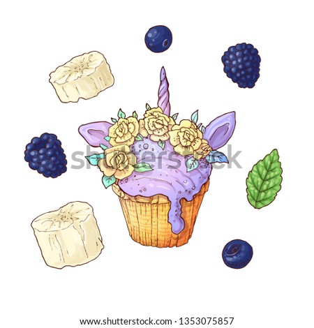 Set of berry cupcake. Vector illustration Hand drawing.
