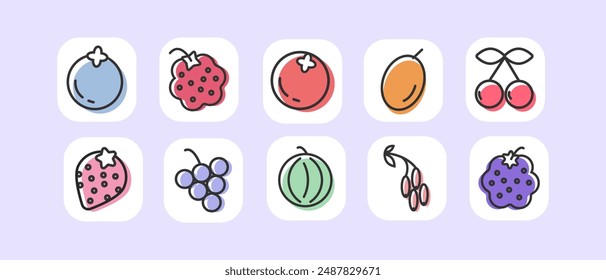 Set berry fruit icon collection - Raspberry , Strawberry, Blackberry grape barberry Gooseberry, cranberry, blueberry, sea ​​buckthorn vector line icons isolated