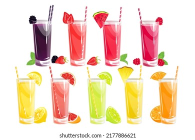 A set of berry and fruit juices.Raspberry, watermelon, strawberry, blackberry, orange, grapefruit, pineapple, etc. juices in tall glasses.Summer refreshing drinks with berries and fruits.