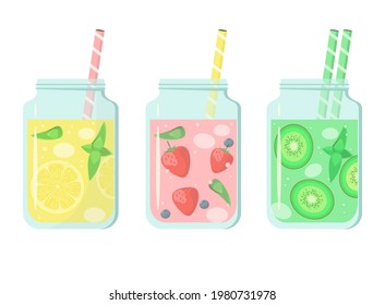 Set of berry and fruit lemonades. Cooling summer drinks.