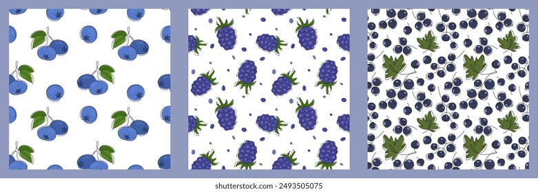 Set of Berry Fruit seamless Pattern. Doodle drawn Blueberry, Blackberry, black currant. Abstract Summer berry fruit background. Pattern for Food packaging design, menu