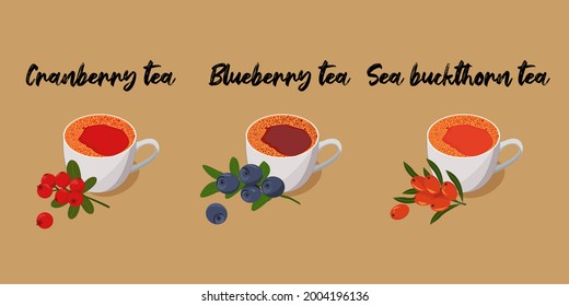 A set of berry or fruit teas. Cranberry, blueberry and sea buckthorn tea.
White cup with tea and a sprig of berries. For wrapping paper and fabric prints, labels, posters, prints.