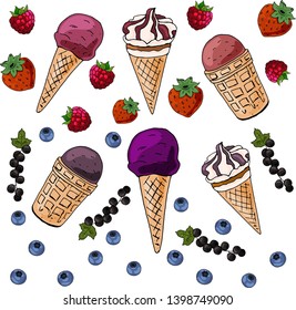 Set of berry ice cream of different size and shape, isolated on white background. Beautiful hand drawn illustration of ice cream and berries. Miscellaneous ice cream for your design.