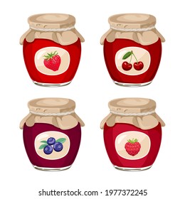 Set of berry jams in glass jars. Vector illustration of cherry, blueberry, strawberry and raspberry jelly in cartoon flat style.