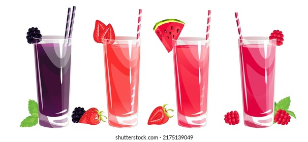 A set of berry juices.Raspberry, watermelon juice, strawberry and blackberry juices in tall glasses.Summer refreshing drinks with ripe berries.