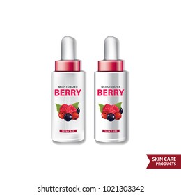 Set berry packages for face and body cosmetic. lotion, serum, oil, tube, shampoo, cream bottles vector illustration