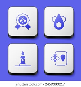 Set Best bee, Honeycomb, Burning candle and Bee location icon. White square button. Vector