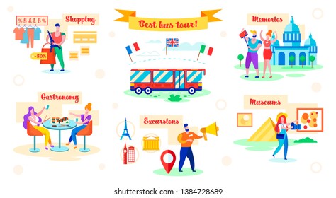 Set Best Bus Tour, Shopping and Gastronomy, Flat. People Visit Excursion, Memories and Museums. In Foreground Red Bus, Around Man Shopping, Women Restaurant, Guide Speaks into Loudspeaker.