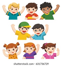 Set of best friends happy smiling, hugging and waving their hands.