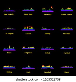 Set of best known cities gay pride and lgbt equality flat vector icons.