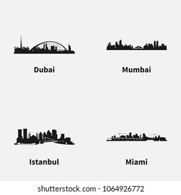 Set of best known cities skyline silhouette flat vector icons. Dubai, Mumbai, Istanbul and Miami landscapes.