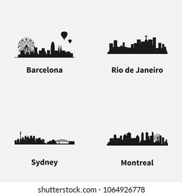 Set of best known cities skyline silhouette flat vector icons. Barcelona, Rio de Janeiro, Sydney and Montreal cityscapes.